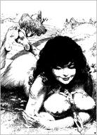 drawing gentle giantess nude monochrome large_breasts long_hair soles anime between_breasts