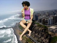 giantess collage feet city clothed barefoot ocean buildings unknown_artist sitting legs streets looking_at_viewer cliff popsicle ocean_side