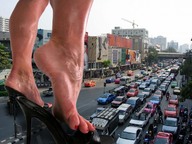 giantess feet city barefoot high_heels traffic soles vehicles