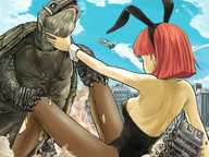 drawing giantess city mega alien color bunny_ears destruction anime red_hair short_hair fighting gamera