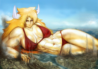 bikini drawing giantess horns city mega blonde color large_breasts destruction anime yilx lying_down muscles