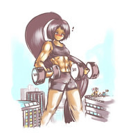 drawing giantess blushing city anime workout weights barbells