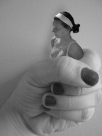 collage monochrome handheld hand shrunken_woman fist