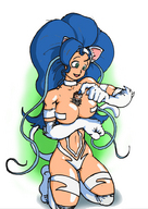 breasts drawing color blue_hair breast_crush capcom cloclo2 shrunken_man neko_ears cat_girl no_background felicia_(darkstalkers)