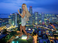 gentle giantess city blonde high_heels hand legs walking