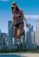 giantess collage city swimsuit brunette careful