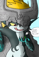 drawing giantess nude furry color handheld playful red_eyes topless midna hand fangs looking_down mountains outdoors licking_lips dialogue handled looking_at_tiny bare_legs bare_midriff link_(the_legend_of_zelda) bare_thighs oclor saber-th