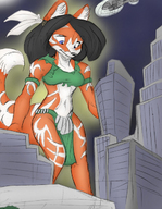 drawing furry macro tail city black_hair color blue_eyes clothed helicopter anime canine fox_girl