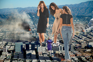 giantess collage city mega destruction clothed buildings multiple_sizes unknown_artist fire skyscraper giantesses smoke looking_up looking_at_victim