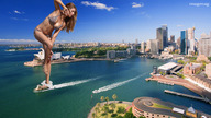 gentle giantess city swimsuit beach barefoot water legs belly boats