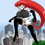 breasts drawing giantess chief crush pokemon panties city upskirt color long_hair destruction rampage skirt anime huge_breasts angry gloves red_hair boots earrings top jessie_(pokémon)