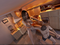 giantess nude large_breasts brunette shrunken_men indoors digital_render
