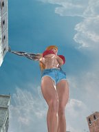 breasts giantess city large_breasts cleavage muscles leaning point_of_view digital_render