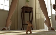 pussy panties feet long_hair pubic_hair high_heels brunette aileron shrunken_men lingerie hand legs running digital_render