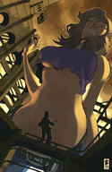 breasts drawing giantess city mega color brunette looming pants point_of_view belt looking_at_tiny bare_midriff