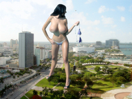 breasts gentle giantess collage city black_hair swimsuit cars high_heels helicopter huge_breasts legs jana_defi maria_swan
