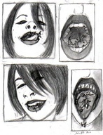 drawing micro vore manga monochrome tongue inside blood mouthplay gore short_hair giantess_katelyn pen_paper