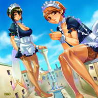 breasts drawing giantess city mega color clothed handheld cleavage anime omc nylons giantesses maid_uniform sitting_on_building