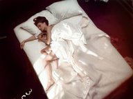 collage small_man sleeping couple red_hair cuddle bedroom midget