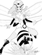 drawing giantess chief city mega monochrome long_hair destruction handheld huge_breasts ponytail boots lactation airplane cruel hand_crush queen_bee dropped extra_arms