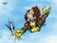 drawing gentle giantess mega color high_heels anime superhero gloves boots hand airplane reaching jacket costume headband x-men marvel_comics rogue_(x-men) hair_streak