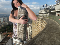 giantess crush collage city mega black_hair long_hair destruction cleavage hand skyscraper hand_crush kristina