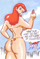 breasts drawing giantess city mega color butt handheld cleavage superhero giganta red_hair boots wonder_woman cape leotard bracelet dialogue power_girl joe_gravel leopard_print dc_comics loincloth