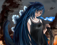 drawing giantess tail color long_hair destruction clothed handheld helicopter blue_hair godzilla unknown_artist fire source_needed