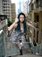 giantess collage small_man city black_hair long_hair kneeling stairs kristina fist between_buildings looking_at_victim giantess_kristina imminent_crush