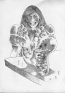 drawing giantess crush feet monochrome long_hair barefoot soles blood unknown_artist shrunken_men sitting foot_crush legs cruel point_of_view stuck_to_foot