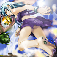 drawing giantess city mega upskirt color long_hair destruction barefoot rampage skirt helicopter soles blue_hair tank omc yellow_eyes foot_crush walking looking_down thighs top bracelet ankle makeshift_clothing