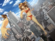 breasts drawing giantess city mega color swimsuit destruction handheld rampage anime brunette purple_eyes airplane
