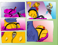 drawing crush feet furry macro manga color anime blood in_shoe paws sandals unaware shrunken_man between_toes toe_crush point_of_view