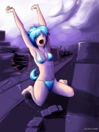 giantess city mega swimsuit destruction blue_hair short_hair sitting painting cat_girl nekomimi