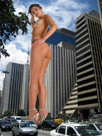 breasts collage butt high_heels buildings low_angle short_hair unknown_artist legs looking_down skyscraper streets vehicles sky point_of_view looking_at_viewer