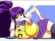 drawing color long_hair clothed skirt anime purple_hair huge_breasts ponytail eiken uniform footsteps kirika shrunken_man