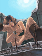 breasts drawing giantess vore city color destruction anime boots sitting fishnets
