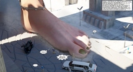 breasts giantess crush black_hair handheld barefoot finger blood hand jessi_and_vicky point_of_view tiny_mk digital_render