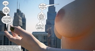 breasts giantess crush black_hair handheld barefoot finger blood hand jessi_and_vicky point_of_view tiny_mk digital_render