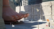 breasts giantess crush black_hair handheld barefoot finger blood hand jessi_and_vicky point_of_view tiny_mk digital_render