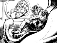 drawing gentle vore furry cat monochrome tongue saliva horse shrunken_men shrunken_man inside_mouth