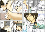 drawing crush feet manga color barefoot soles anime blood brunette brown_eyes socks short_hair unknown_artist sandals nurse foot_crush shrunken_man cruel hospital_gown