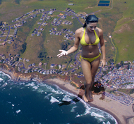 giantess collage mega swimsuit beach barefoot looking_down