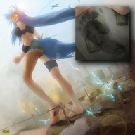 drawing giantess crush feet tail manga city color long_hair destruction barefoot anime blue_hair military tank omc yellow_eyes smiling airplane wolf_girl power_lines