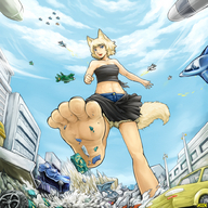 drawing giantess feet city color destruction barefoot anime military tank omc airplane point_of_view wolf_girl