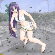 breasts drawing giantess city mega color destruction barefoot rampage skirt helicopter anime green_eyes purple_hair military tank omc airplane top makeshift_clothing