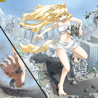 breasts drawing giantess city mega blonde color destruction barefoot rampage skirt helicopter anime military tank omc yellow_eyes top wolf_girl makeshift_clothing
