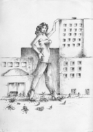 drawing giantess crush feet city mega monochrome long_hair high_heels anime blood dress unknown_artist shrunken_men foot_crush foot_print cruel vehicles vehicle_crush