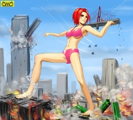 drawing giantess crush feet city color large_breasts swimsuit bridge destruction barefoot rampage anime military omc red_hair airplane