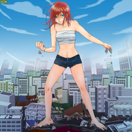 breasts drawing giantess city mega color destruction blue_eyes barefoot rampage anime omc red_hair shorts cruel top ripped_clothing